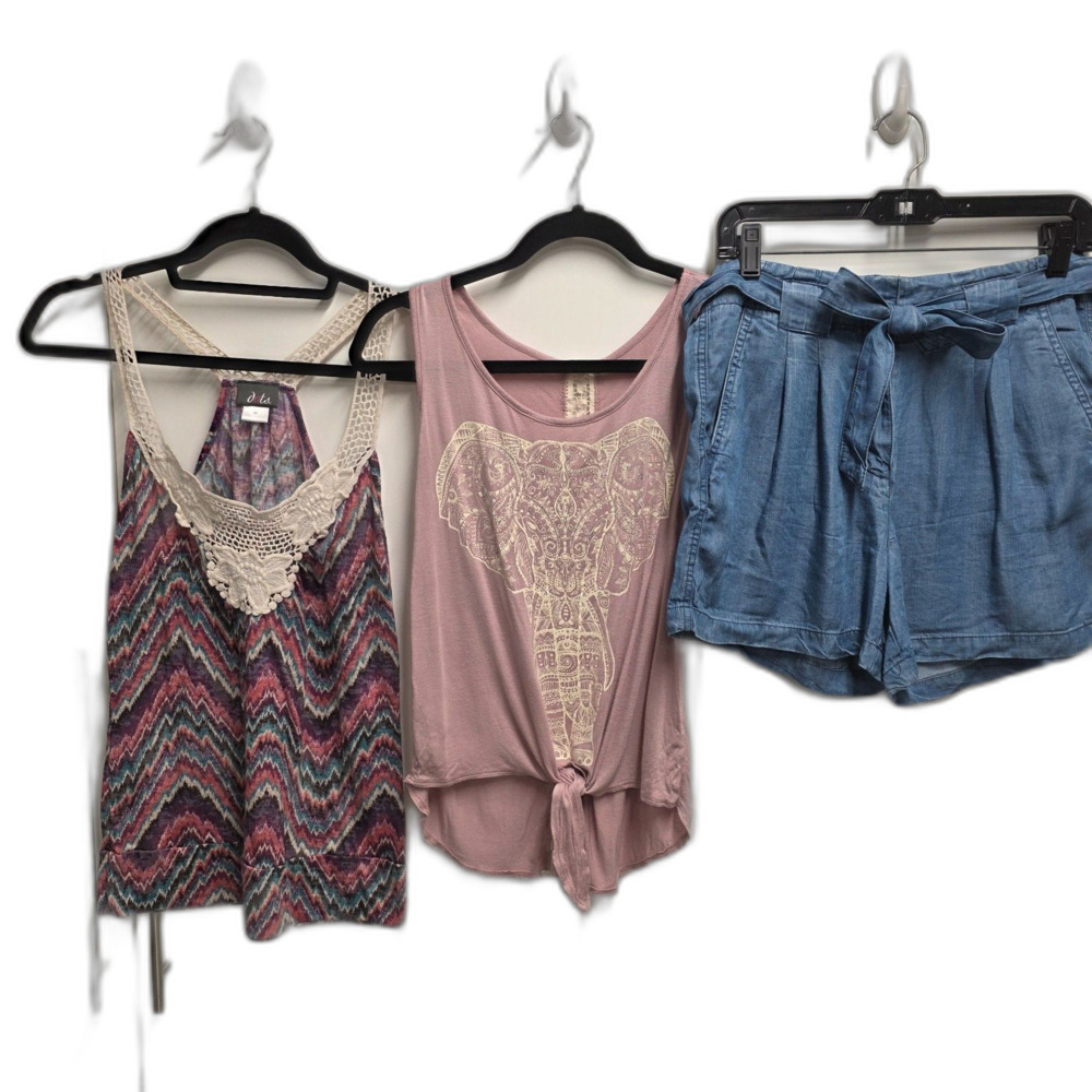 Women's Boho Summer Outfit Bundle M Tops & Max Jeans 8 Chambray Tie Waist Shorts